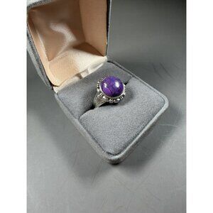 Sterling Silver 925 Purple Turquoise Round Cabochon Ring Sz 8 Vintage